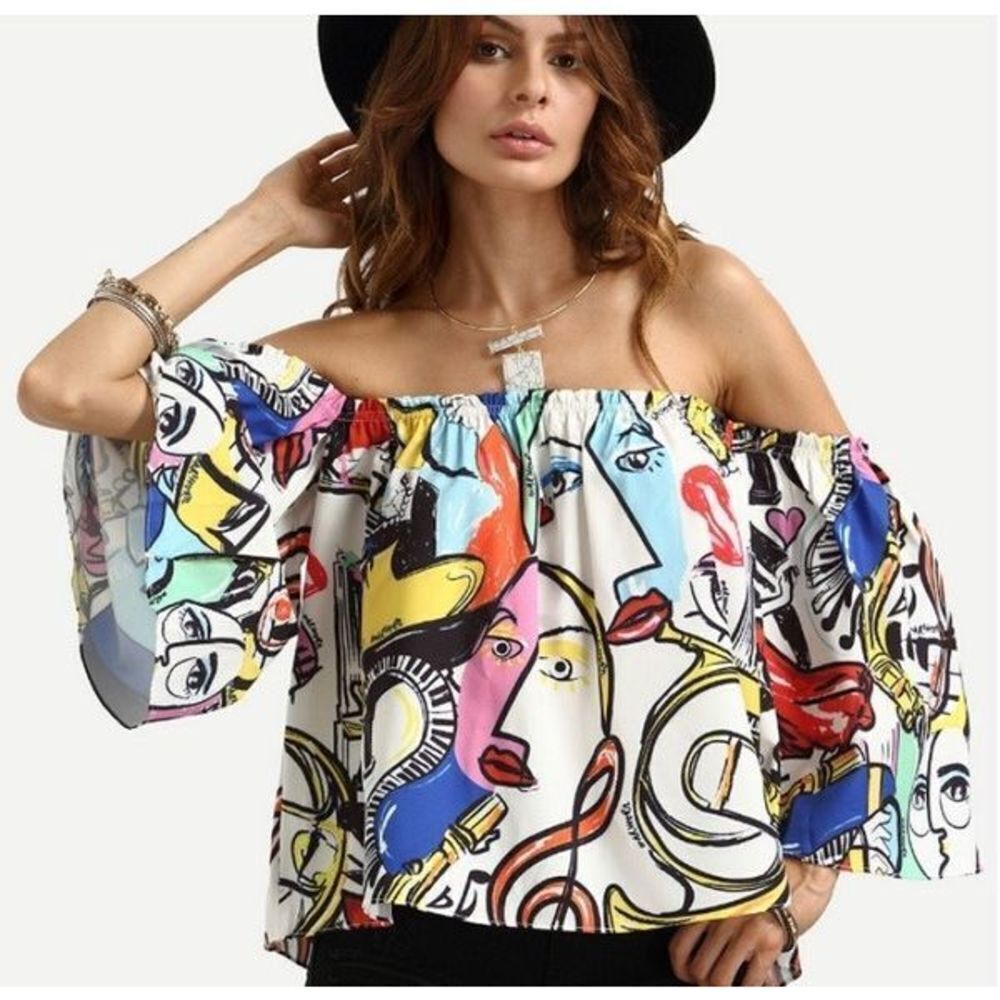 Sexy Aesthetic Graphic Face Print Slash Collar Loose Horn Sleeve Colorful Doodle